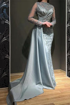 Wunderschönes, graues, langärmliges Meerjungfrau-Ballkleid aus Stretch-Satin mit Applikationen