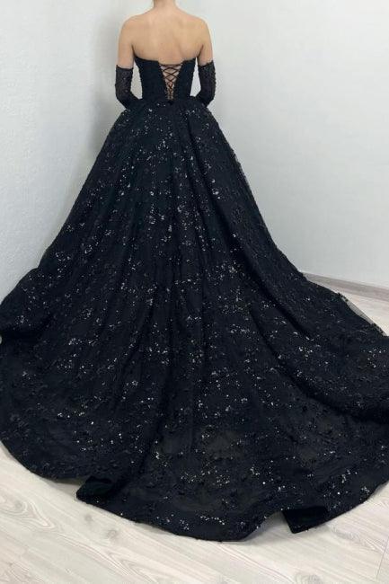 Wunderschönes langes schwarzes A-Linien-Ballkleid mit herzförmigem Ausschnitt und Spitze