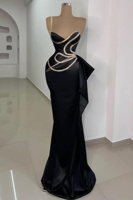 Hermoso vestido de fiesta largo negro de sirena, sin mangas, con un solo hombro y encaje