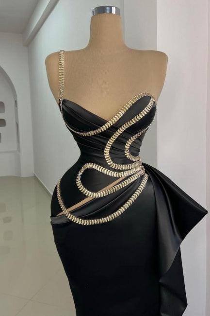 Hermoso vestido de fiesta largo negro de sirena, sin mangas, con un solo hombro y encaje