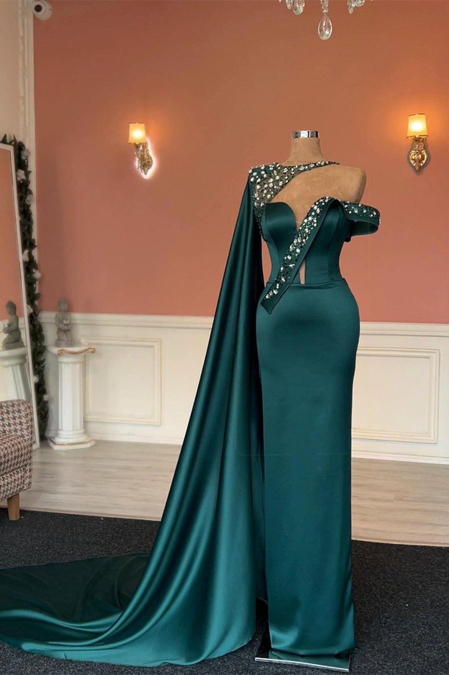 Wunderschönes langes dunkelgrünes Meerjungfrau-Ballkleid mit Kristallen und Spitze