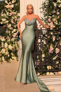 Wunderschönes langes, ärmelloses Ballkleid aus Satin im Meerjungfrauenstil mit Glitzer in Dusty Sage