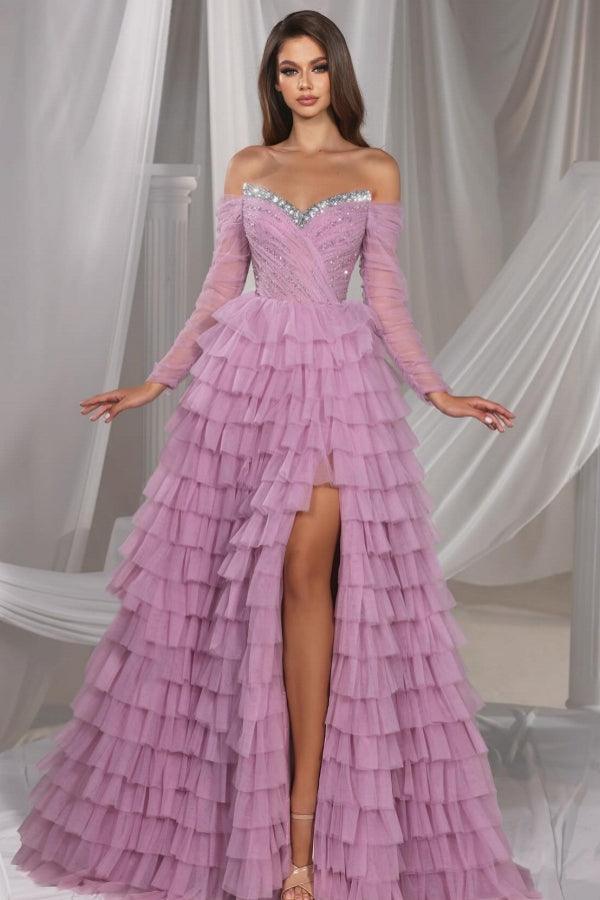 Hermoso vestido de fiesta largo de tul con lentejuelas, corte A, hombros descubiertos y abertura en color lila