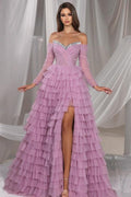 Hermoso vestido de fiesta largo de tul con lentejuelas, corte A, hombros descubiertos y abertura en color lila