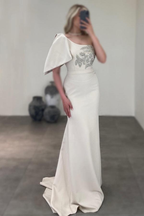 Wunderschönes langes Meerjungfrau-Abendkleid mit einer Schulter aus Satin und Strasssteinen, ärmellos