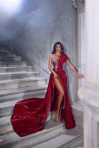Wunderschönes langes rotes A-Linien-Ballkleid mit Glitzer, einer Schulter und ärmellosem Schlitz