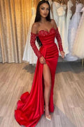 Wunderschönes langes rotes Meerjungfrau-Abendkleid mit Herzausschnitt, Pailletten und Perlen verziert und langen Ärmeln
