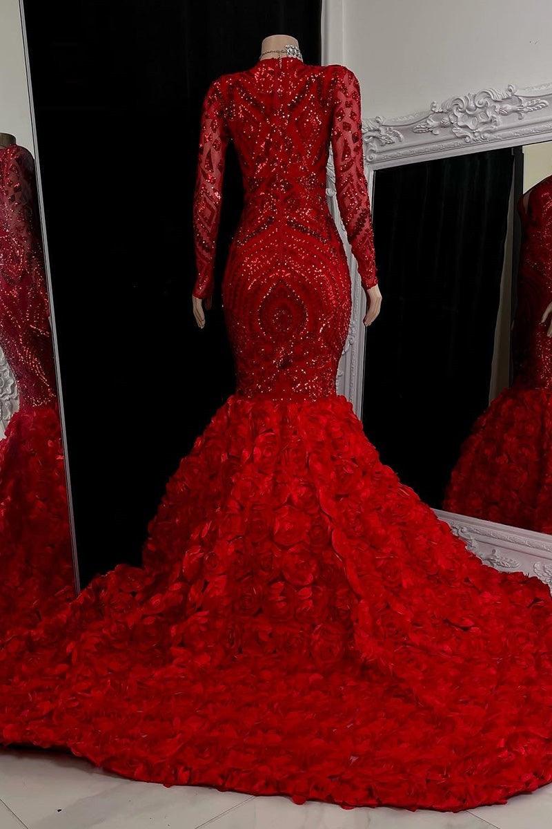 Wunderschönes langes rotes Meerjungfrau-Ballkleid mit V-Ausschnitt und langen Ärmeln