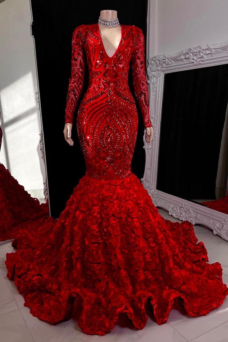 Wunderschönes langes rotes Meerjungfrau-Ballkleid mit V-Ausschnitt und langen Ärmeln