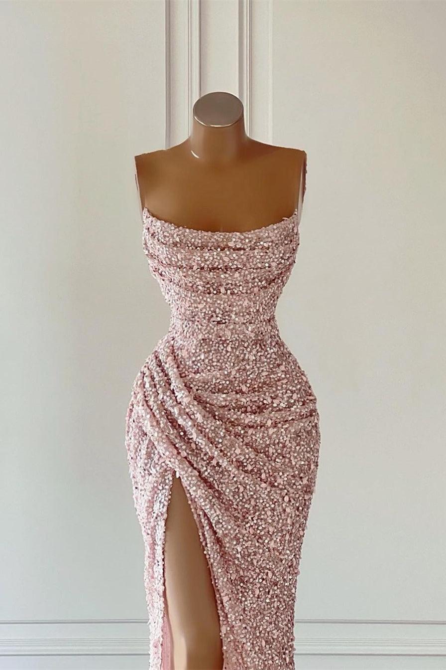 Wunderschönes rosa ärmelloses Ballkleid mit Pailletten und Schlitz