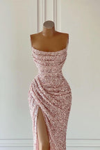 Wunderschönes rosa ärmelloses Ballkleid mit Pailletten und Schlitz