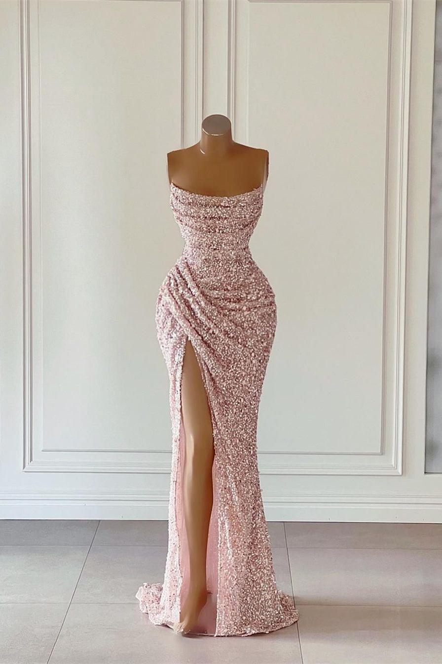 Wunderschönes rosa ärmelloses Ballkleid mit Pailletten und Schlitz