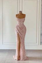 Wunderschönes rosa ärmelloses Ballkleid mit Pailletten und Schlitz