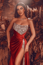 Gorgeous Red Long Evening Dress With Split Long Beads Prom Gown