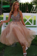 Gorgeous V Neck Peach Homecoming Dress Party Dress with Pearls