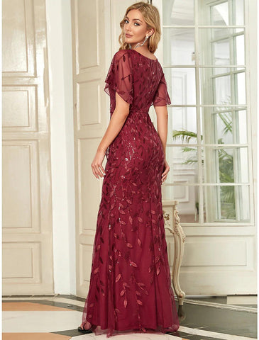 Meerjungfrau/Trompete Abendkleid Glitzerkleid Formelle Cocktailparty Bodenlang Kurzarm V-Ausschnitt Herbst Hochzeitsgast Tüll mit Pailletten