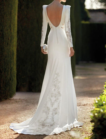 Hall Open Back Royal Style Formelle Herbst-Brautkleider Meerjungfrau / Trompete Rundhalsausschnitt Langarm Sweep / Brush Train Stretch-Stoff Brautkleider mit Volltonfarbe Sommerparty