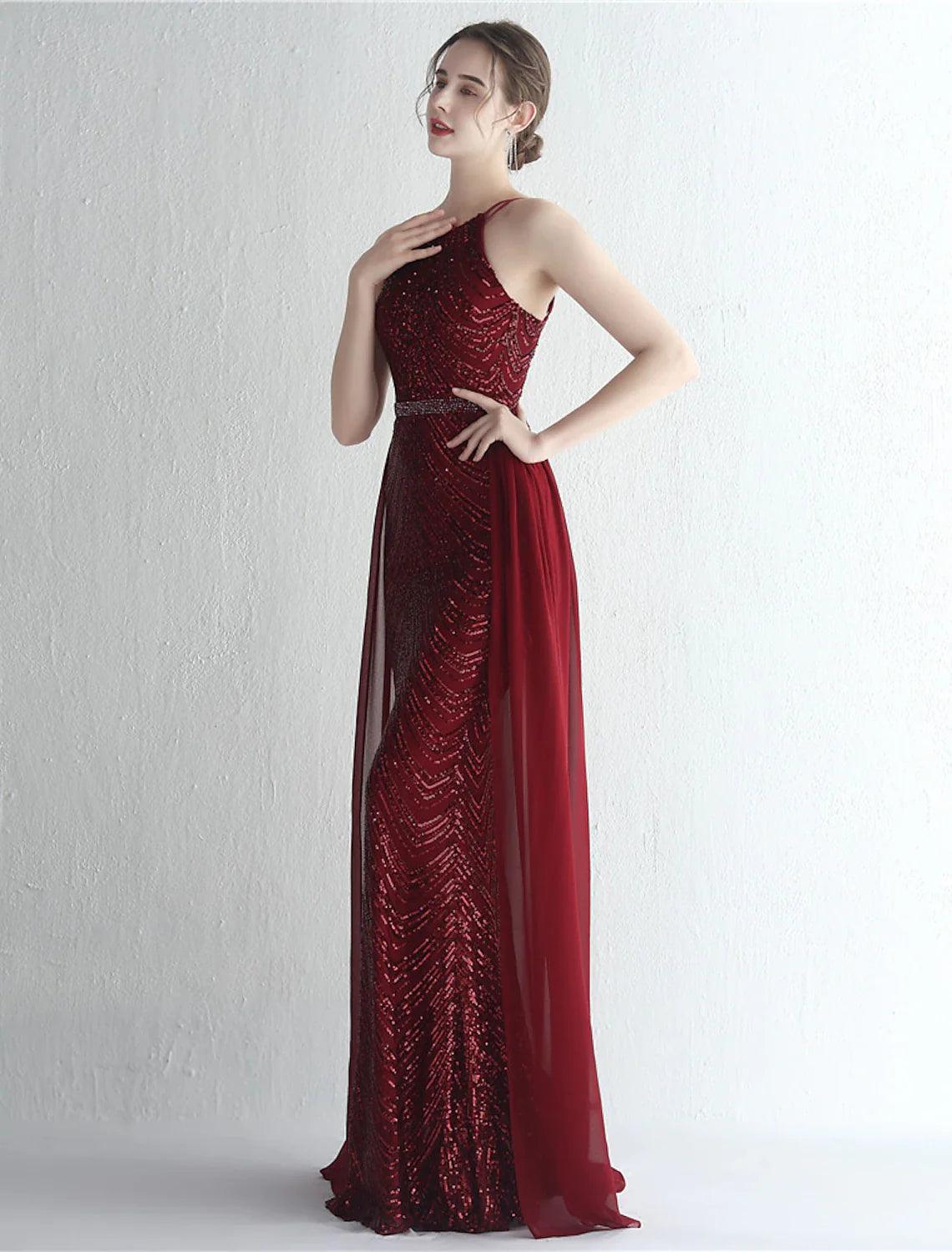 Vestidos de fiesta de sirena/trompeta con brillo y brillo, vestido formal para invitados de boda, largo hasta el suelo, sin mangas, cuello halter, gasa con cuentas y lentejuelas