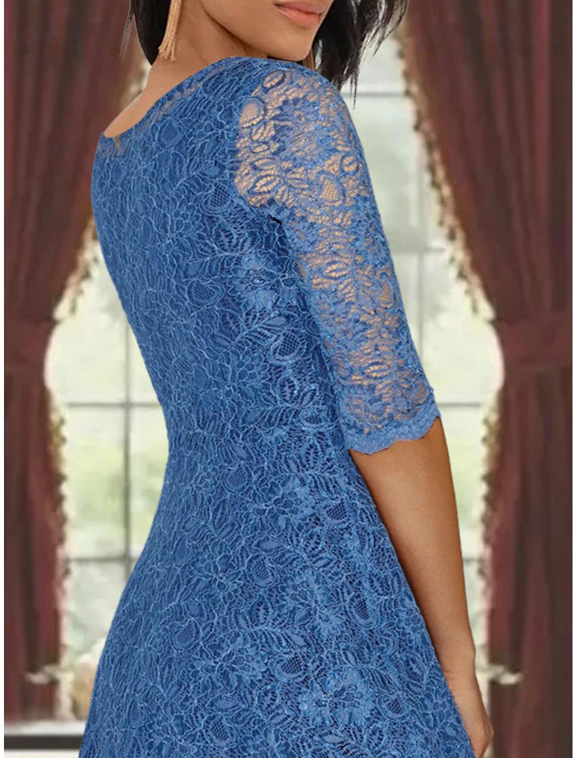 Vestido de dos piezas de corte A para madre de la novia, para invitada de boda formal, talla grande, elegante, escote redondo, largo hasta la rodilla, de gasa con encaje, mangas 3/4, cruzado incluido con pliegues