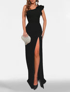 Vestidos de fiesta de sirena/trompeta, vestido negro, vestido de invitada de boda, corbata negra, cola larga/cortada, sin mangas, un hombro, tejido elástico con abertura fruncida