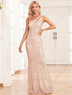 Mermaid / Trumpet Evening Gown Elegant Dress Evening Party Wedding Reception Floor Length Sleeveless One Shoulder Bridesmaid Dress Sequined Backless with Sequin