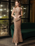 Vestidos de fiesta de sirena/trompeta, vestido brillante, para invitados de boda, largo hasta el suelo, manga corta, cuello en V, lentejuelas con cuentas y lentejuelas