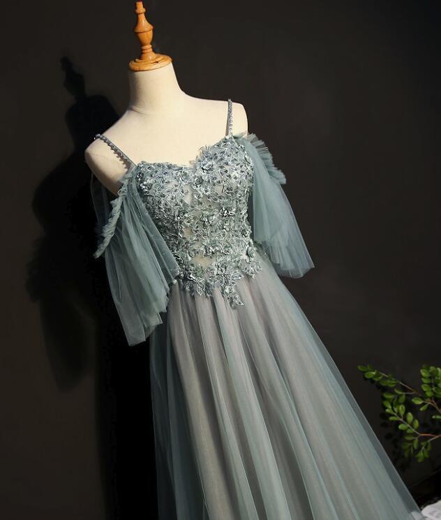 Vestido de fiesta verde claro de tul con corte en A y hombros descubiertos, vestido largo de fiesta