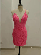 Meerjungfrau/Trompete Homecoming Kleider Sparkle &amp; Shine Kleid Abschluss Cocktail Party Kurz/Mini Ärmellos V-Ausschnitt Cabrio Pailletten Rückenfrei mit Pailletten Strappy