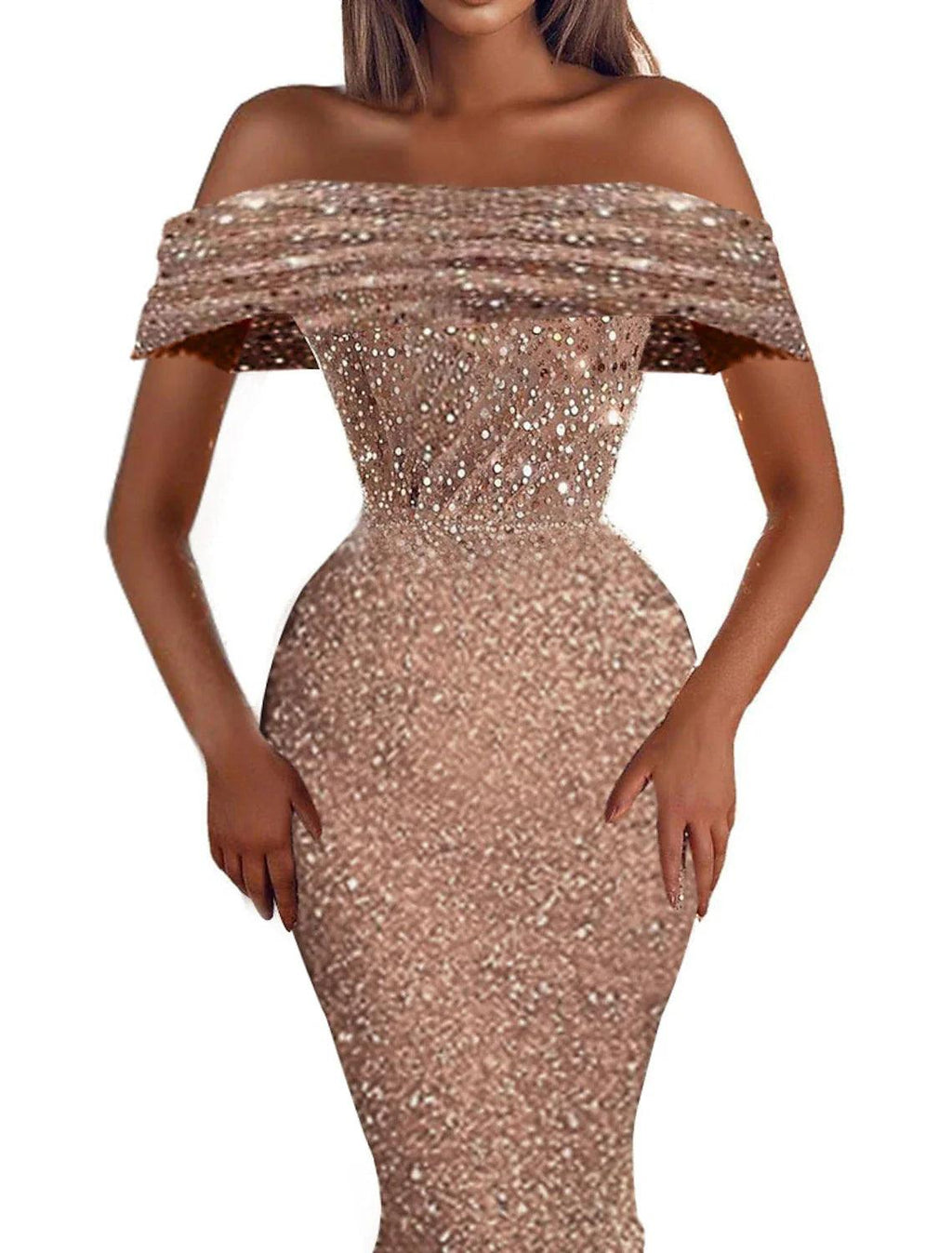 Vestido de fiesta de sirena, vestido de noche con brillo y destellos, vestido de graduación, cumpleaños, asimétrico, manga corta, hombros descubiertos, con lentejuelas