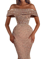 Vestido de fiesta de sirena, vestido de noche con brillo y destellos, vestido de graduación, cumpleaños, asimétrico, manga corta, hombros descubiertos, con lentejuelas