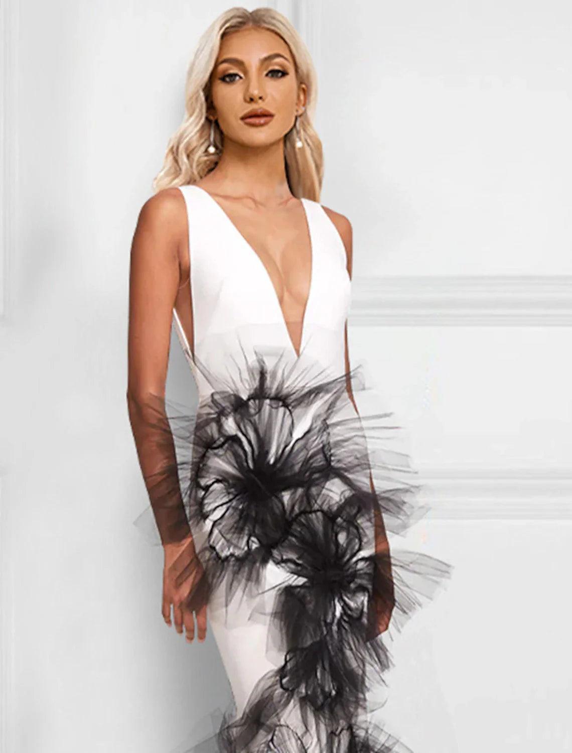 Vestido de noche de sirena/trompeta con bloques de color, vestido formal para invitadas de boda, largo hasta el suelo, sin mangas, cuello en V, tejido elástico con apliques