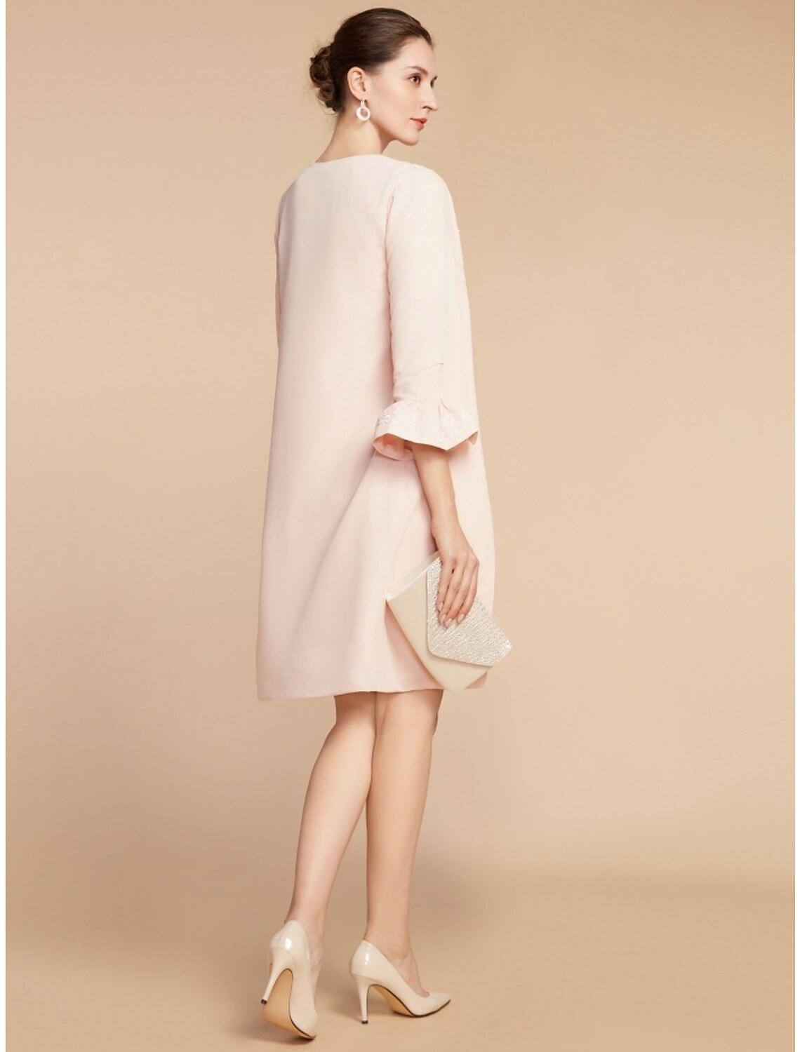 Zweiteiliges A-Linien-Kleid für die Mutter der Braut, Hochzeitsgast, elegant, zierlich, Rundhalsausschnitt, kurz/Mini, Spitze, Stretch-Stoff, 3/4-Ärmel mit Schleife(n), Rüschen, einfarbig