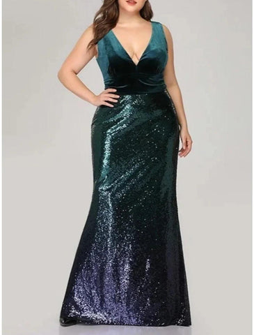 Meerjungfrau/Trompete Abendkleid Sparkle &amp; Shine Kleid Formal Herbst Bodenlang Ärmellos V-Ausschnitt Pailletten mit Glitzer Falten