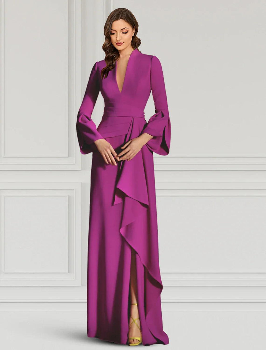 Etui-/Säulen-Abendkleid, elegantes Kleid, formelle Cocktailparty, bodenlang, lange Ärmel, V-Ausschnitt, Herbst, Hochzeitsgast, Stretchstoff mit Rüschen