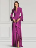 Etui-/Säulen-Abendkleid, elegantes Kleid, formelle Cocktailparty, bodenlang, lange Ärmel, V-Ausschnitt, Herbst, Hochzeitsgast, Stretchstoff mit Rüschen