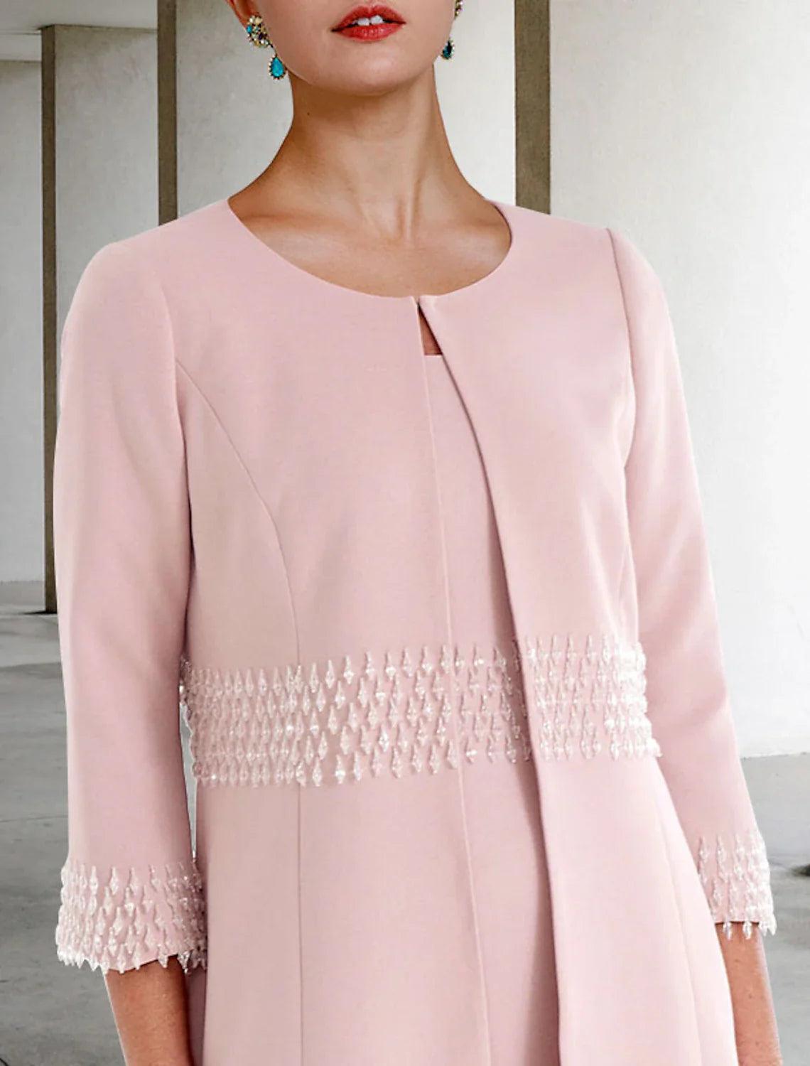 Vestido de dos piezas tipo tubo/columna para madre de la novia, para invitadas de boda, iglesia, elegante, cuello joya, largo hasta la rodilla, tejido elástico, manga corta, chaqueta, vestidos con cuentas, otoño