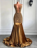 Vestido de noche de sirena/trompeta con brillo y destellos, vestido de carnaval, formal, corte, cola, sin mangas, cuello joya, afroamericano, terciopelo con cuentas