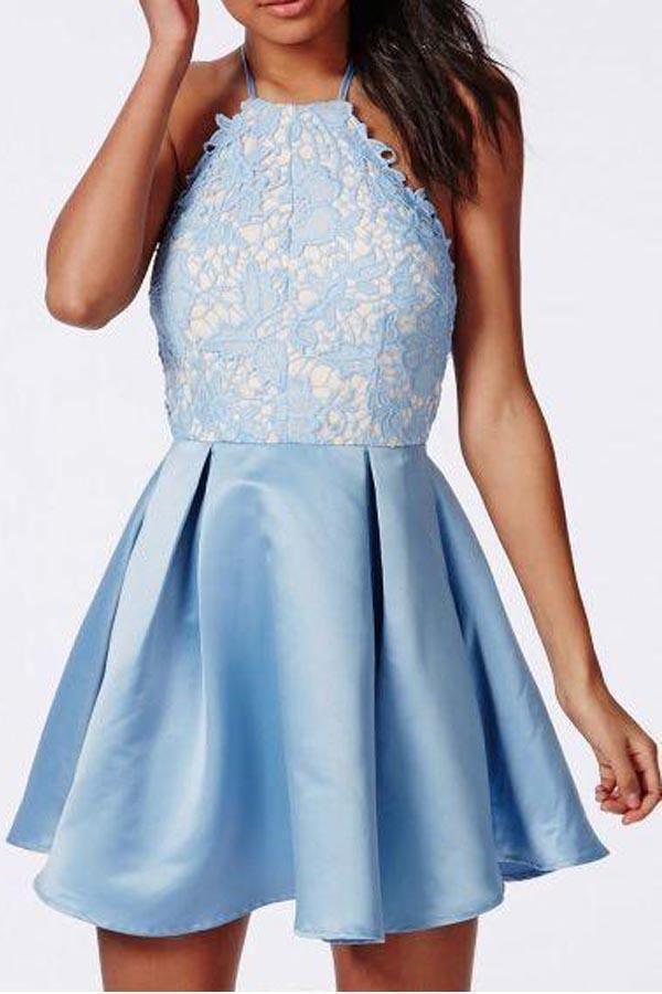 Halter Backless Lace Satin Blue Homecoming Dresses Short Prom Dress