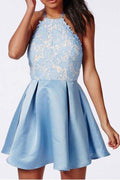 Halter Backless Lace Satin Blue Homecoming Dresses Short Prom Dress