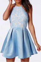Halter Backless Lace Satin Blue Homecoming Dresses Short Prom Dress