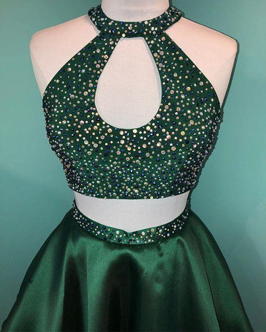 Halter Beaded Green Satin Two Piece Homecoming Dress Short Prom Dress