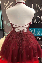 Vestido de fiesta con escote halter, encaje burdeos, corte A, espalda descubierta