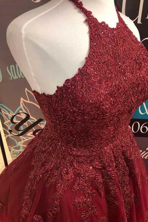 Vestido de fiesta con escote halter, encaje burdeos, corte A, espalda descubierta