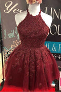 Vestido de fiesta con escote halter, encaje burdeos, corte A, espalda descubierta