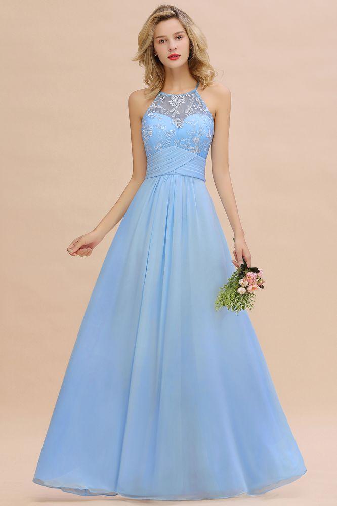 Halter Floral lace aline Chiffon Bridesmaid Dress Sleeveless Ruffle Wedding Guest Dress