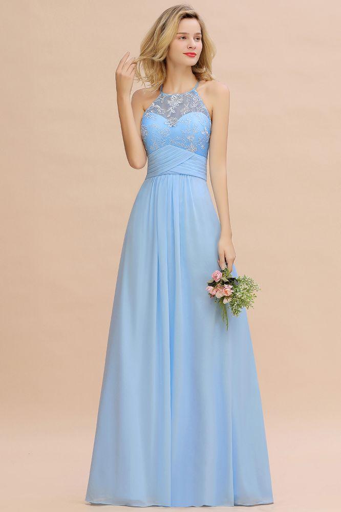 Halter Floral lace aline Chiffon Bridesmaid Dress Sleeveless Ruffle Wedding Guest Dress