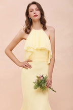 Halter Mermaid Chiffon Girls Bridesmaid Dress Yellow Floor length Beach Wedding Dress