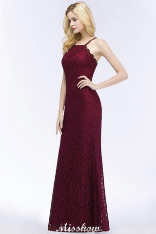 Neckholder Meerjungfrau Abendkleid Bodenlang Spitze Burgund Brautjungfernkleider