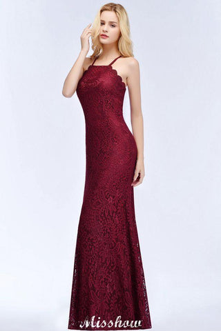 Neckholder Meerjungfrau Abendkleid Bodenlang Spitze Burgund Brautjungfernkleider