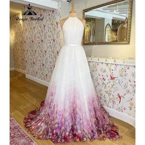 NumberSea - Halter Neck Chiffon A Line Garden Floral Print Wedding Dress Open Back 2025 Pleats Wedding Gowns for Bridal sukienka na wesele